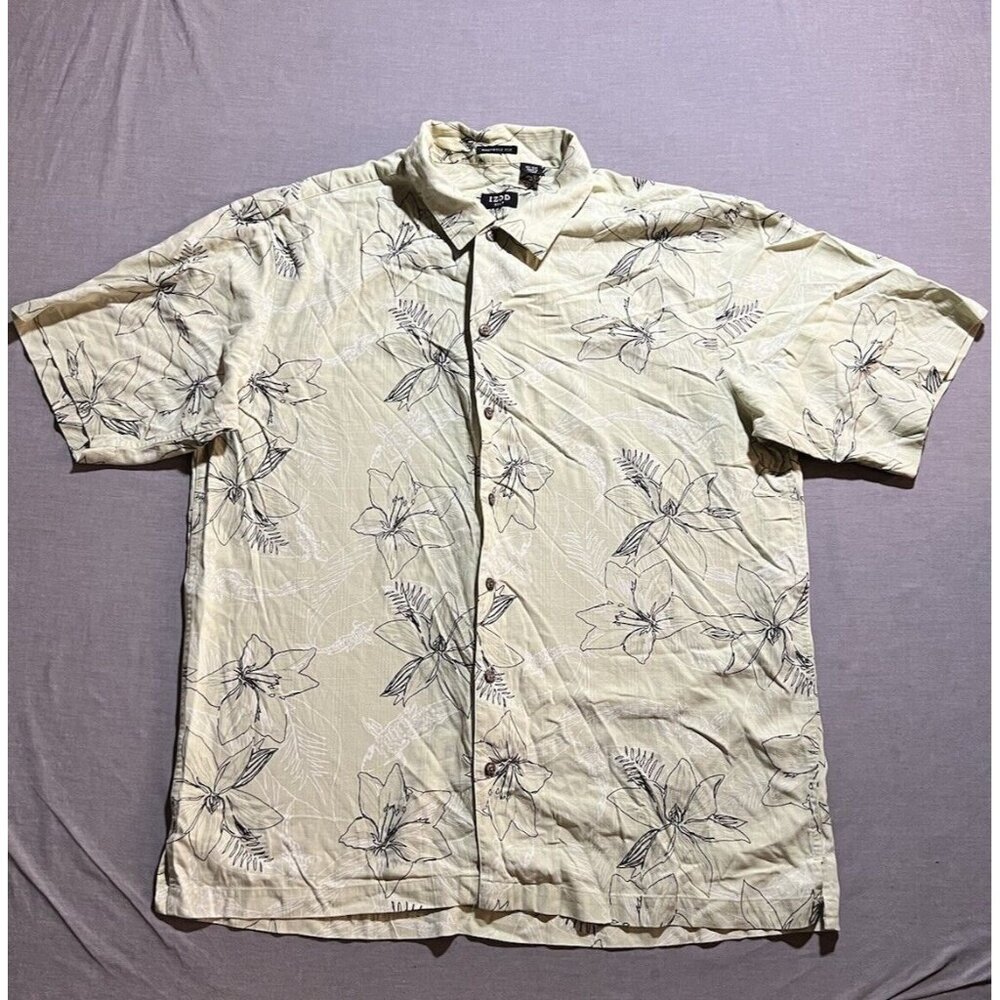 Izod Golf Silk Shirt Mens Extra Large Yellow Floral Button Short Sleeve.
